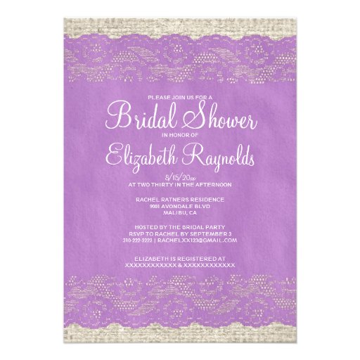 Lavender Rustic Lace Bridal Shower Invitations