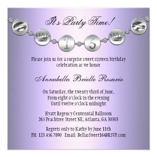 Lavender & Silver Bowed Charm Sweet Sixteen Invite