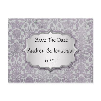 Lavender Silver Grunge Damask Save The Date postcard