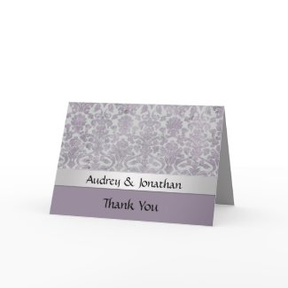 Lavender Silver Grunge Look Damask Thank You card
