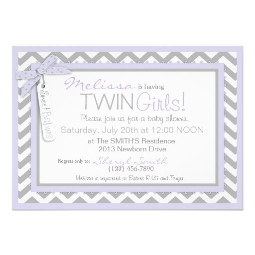 Lavender Tutu & Chevron Print Twins Baby Shower Personalized Invites