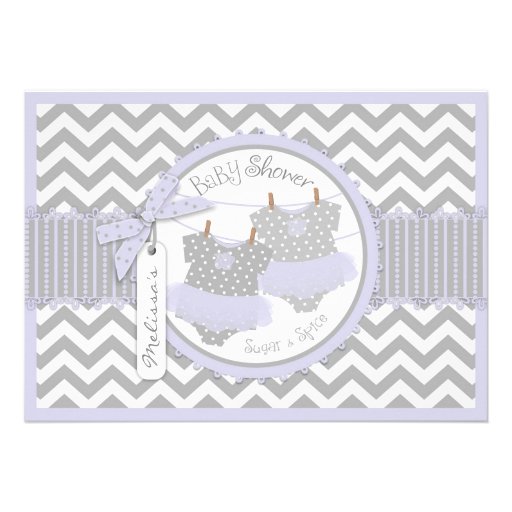 Lavender Tutu & Chevron Print Twins Baby Shower Personalized Invites (front side)