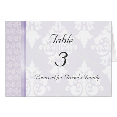 Lovely wedding reception table number card done in lavender and white damask