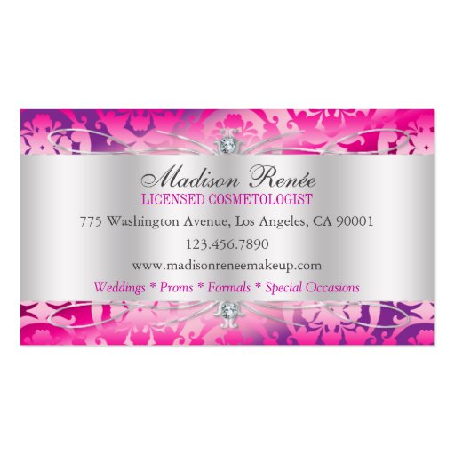 Lavish Fuchsia Lavender Sparkling Cosmetologist Business Card Template (back side)