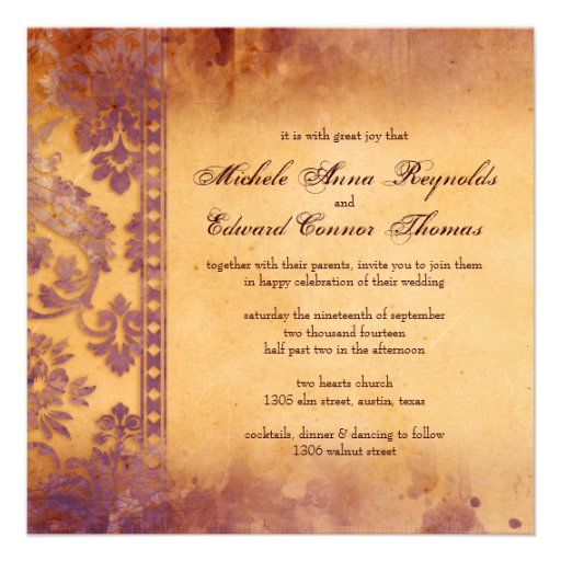 Lavish Lilac Grunge Damask Lace Wedding Invite