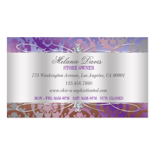 Lavish Mocha Lavender Diamond Damask Swirl Business Card Templates (back side)