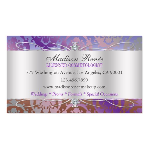 Lavish Mocha Lavender Sparkling Cosmetologist Business Card (back side)