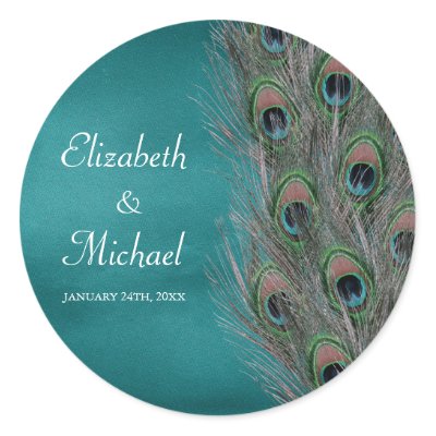Lavish Peacock Feathers Round Wedding Favor Label Round Stickers