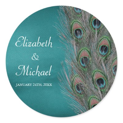 Lavish Peacock Feathers Round Wedding Favor Label Round Stickers