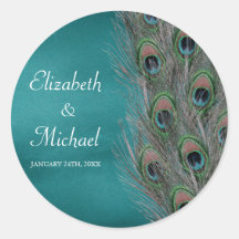 Lavish Peacock Feathers Round Wedding Favor Label Round Stickers