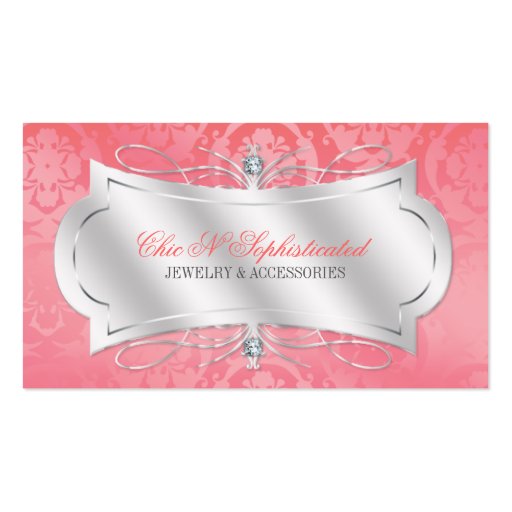 Lavish Pink Diamond Damask Swirl Business Cards (front side)