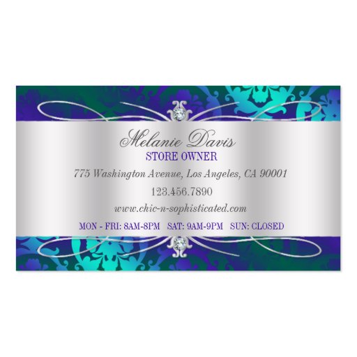 Lavish Purple Turquoise Diamond Damask Swirl Business Card Template (back side)