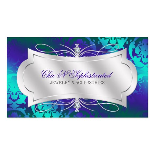 Lavish Purple Turquoise Diamond Damask Swirl Business Card Template (front side)