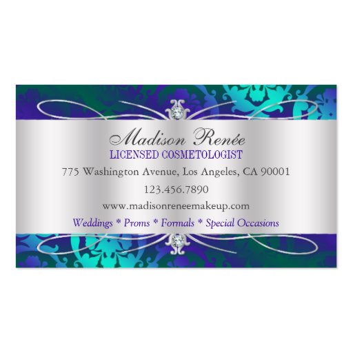 Lavish Teal Purple Sparkling Cosmetology Business Card Templates (back side)