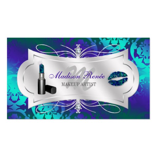 Lavish Teal Purple Sparkling Cosmetology Business Card Templates (front side)