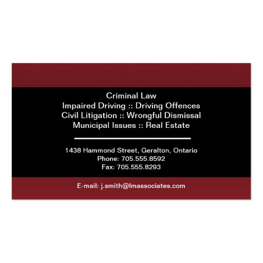 Law Business Card - Red & Black Lawyer Attorney (back side)
