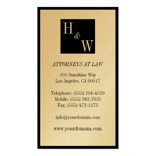 Law Firm Lawyer Attorney Black Borders Gold Paper Business Card Template (back side)