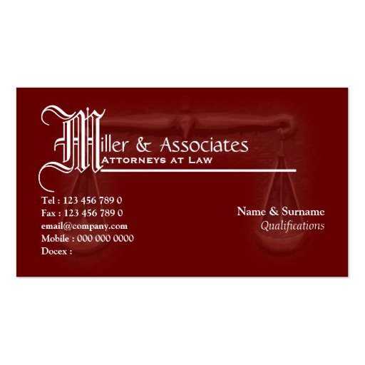Law legal attorney advocate burgundy business card (front side)