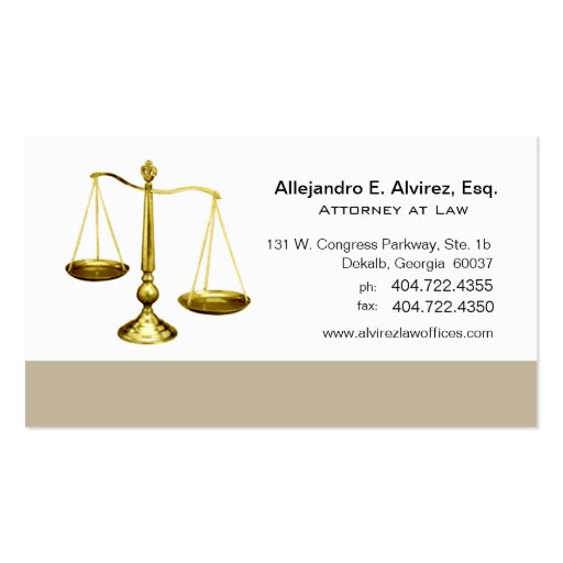 Law Offices Attorney Lawyer Scales of Justice Business Card Template (front side)