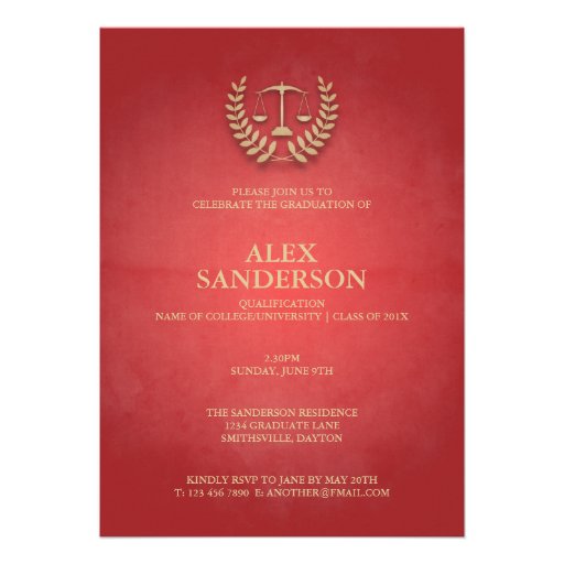 Law School Graduation with Laurel Wreath & Scales Invitations (front side)