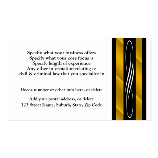Lawyer attorney gold black white business cards (back side)