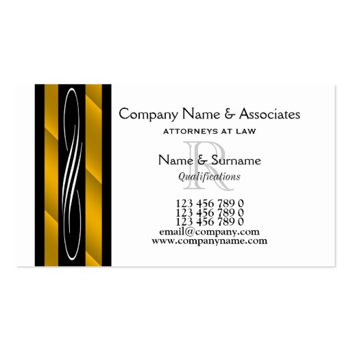 Lawyer attorney gold black white business cards (front side)