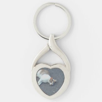 Lazy Street Nap Kitty Silver-Colored Heart-Shaped Metal Keychain