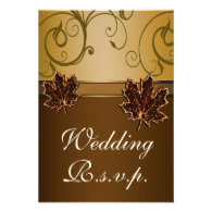 Leaf Gold Chocolate Brown Fall Wedding RSVP Cards Invite