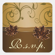 Leaf Gold Chocolate Brown Fall Wedding Seals Square Sticker