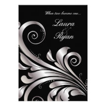 Leaf Swirl Wedding Invitation Black Silver