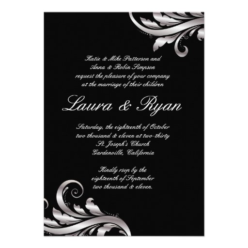 Leaf Swirl Wedding Invitation Black Silver