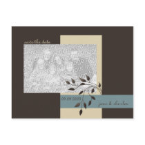 Leafy Chocolate Brown Photo Save the Date postcards