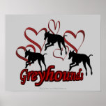 Leaping Greyhounds Red Hearts Poster Print