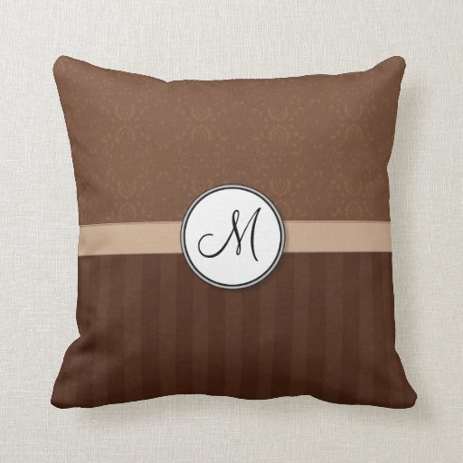 Leather Brown Damask with Stripes and Monogram Throw Pillow Zazzle