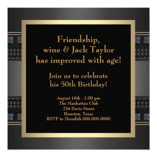 Leather Gold Mans 50th Birthday Party Custom Invite