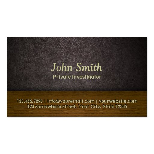 Leather & Wood Investigator Business Card (front side)