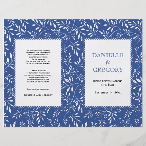 Leaves pattern, indigo blue folded wedding program 8.5