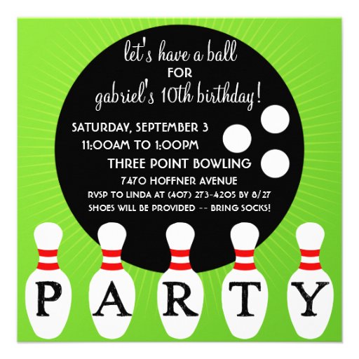 'Lectric Lime Pin Party Bowling Birthday Party Personalized Announcements