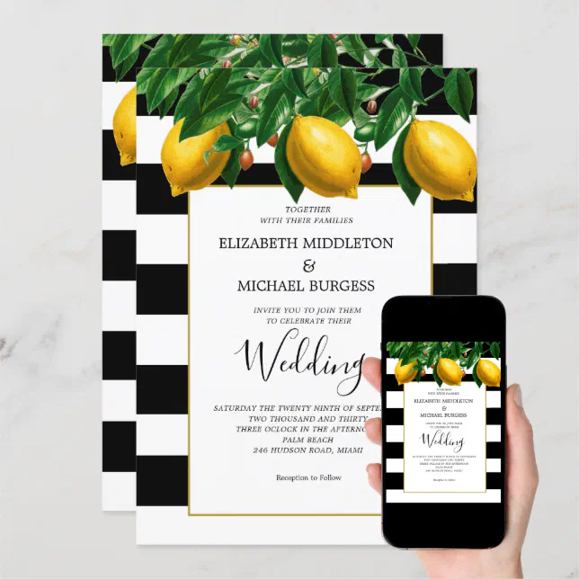 Lemon Botanical Black White Stripe Wedding Invitation Zazzle