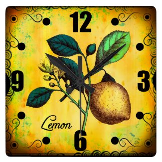 Lemon Fruit Flowers Leaves Vintage Botanical Square Wall Clock