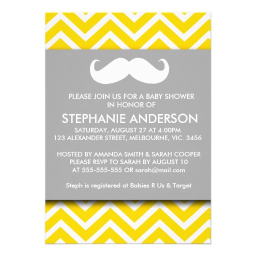 Lemon gold gray chevron mustache baby boy shower custom invite