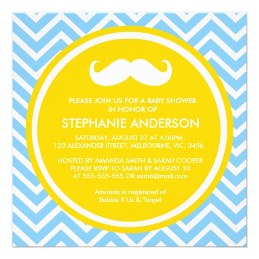 Lemon gold gray chevron mustache baby boy shower invitations