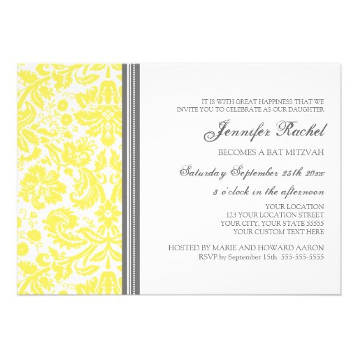 Lemon Gray Damask Bat Mitzvah Invitations