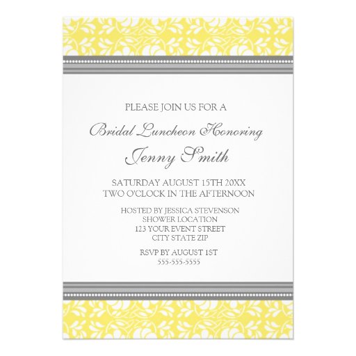 Lemon Gray Damask Bridal Lunch Invitation Cards