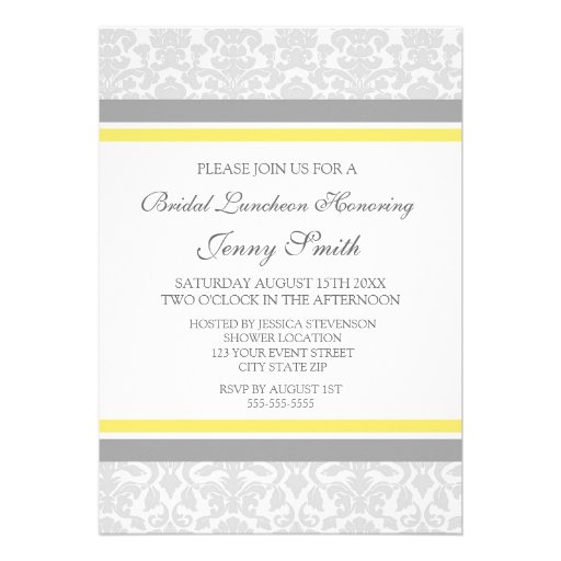 Lemon Gray Damask Bridal Lunch Invitation Cards