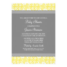 Lemon Gray Damask Custom Baby Shower Invitations