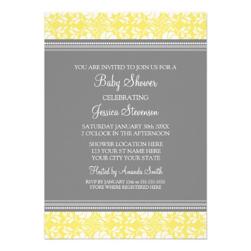 Lemon Gray Damask Custom Baby Shower Invitations