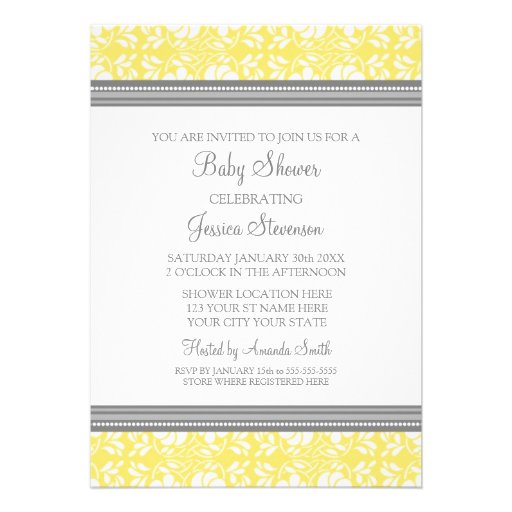 Lemon Gray Damask Custom Baby Shower Invitations