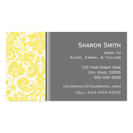 Lemon Gray Damask Mom Calling Cards Business Card Templates (back side)