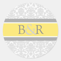 Lemon Gray Damask Monogram Envelope Seal Round Stickers